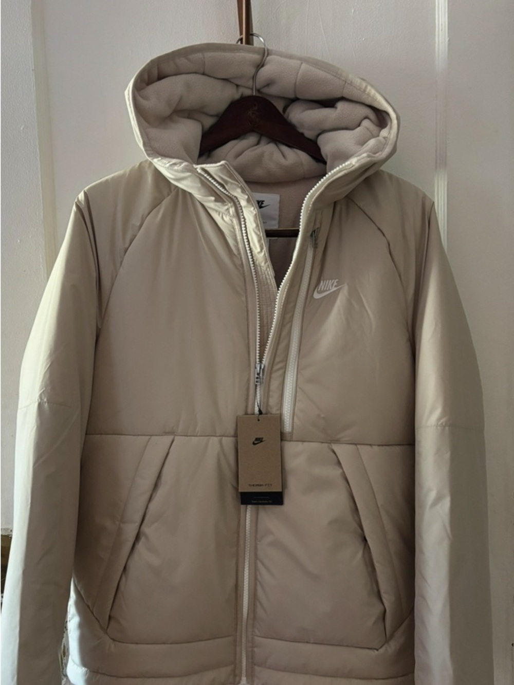 Nike Men’s Hooded Puffer Jacket in Light Beige